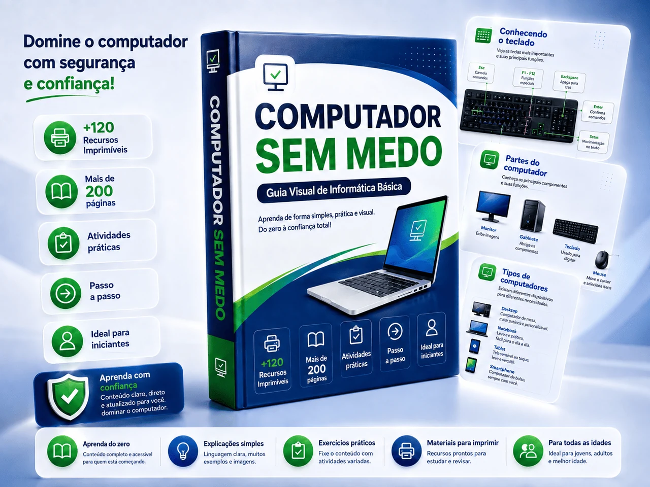Mockup do Kit Computador Sem Medo com apostilas e computador